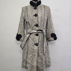 Genuine Leather Trench Coat Snakeskin Print Fur Trim Belted Women EU 38 US M